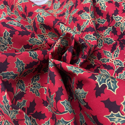 Deadstock Holly Print Christmas Cotton Fabric