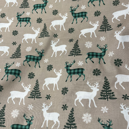 Deadstock Natural Reindeer Print Christmas Cotton Fabric