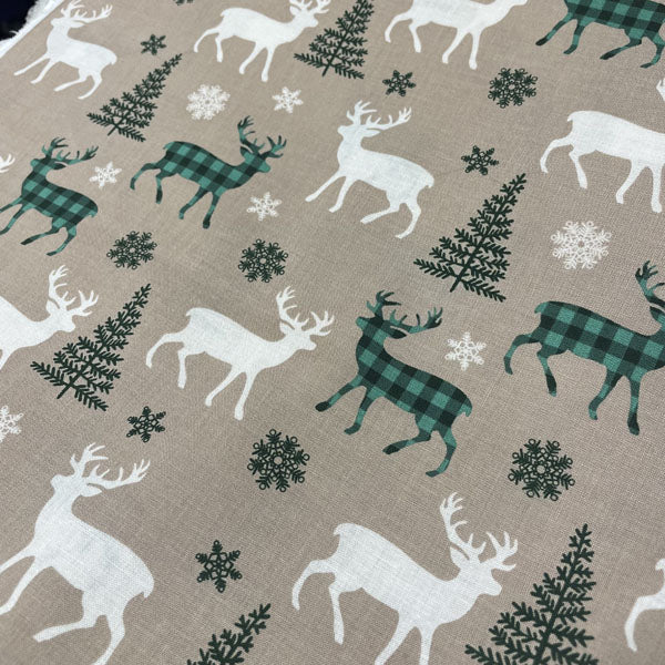Deadstock Natural Reindeer Print Christmas Cotton Fabric