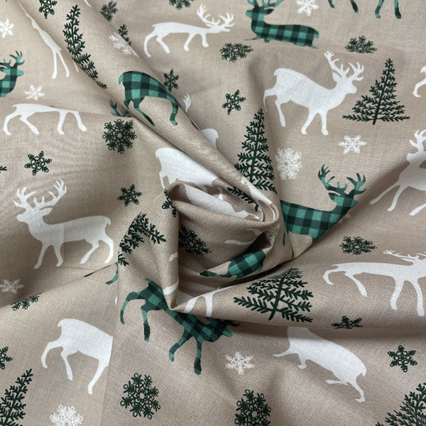 Deadstock Natural Reindeer Print Christmas Cotton Fabric