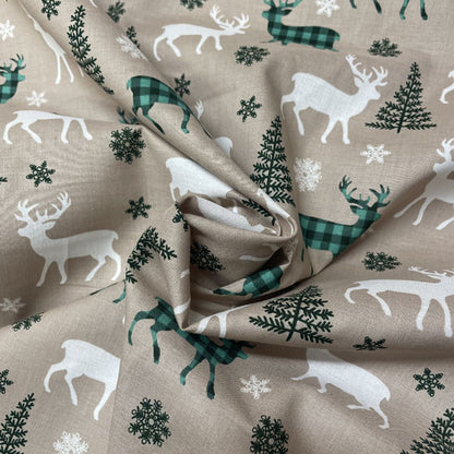 Deadstock Natural Reindeer Print Christmas Cotton Fabric