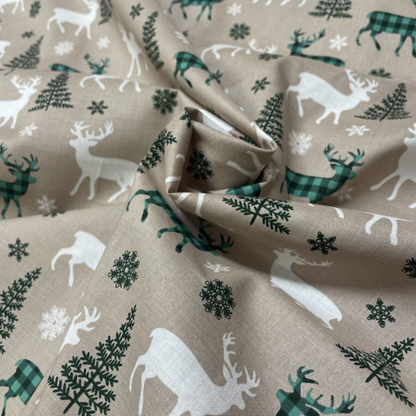 Deadstock Natural Reindeer Print Christmas Cotton Fabric