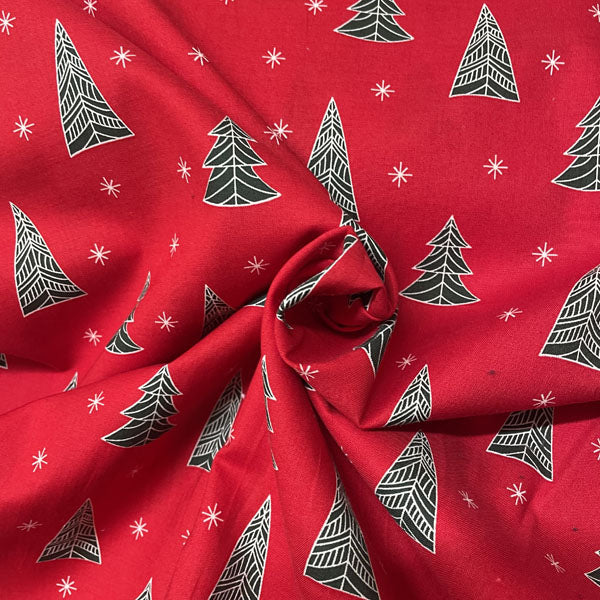 Deadstock Geometric Red Christmas Tree Cotton Fabric