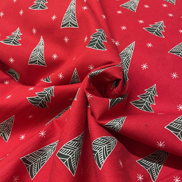 Deadstock Geometric Red Christmas Tree Cotton Fabric