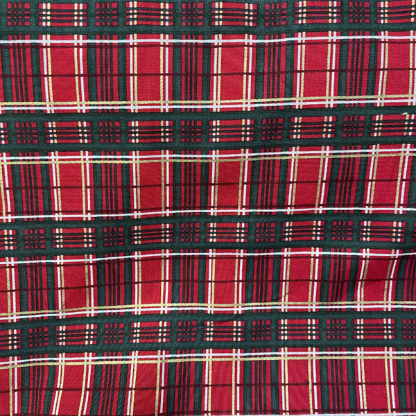 Deadstock Festive Metallic Red, Green & Gold Tartan Cotton Fabric