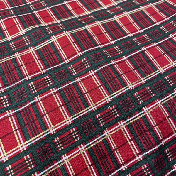 Deadstock Festive Metallic Red, Green & Gold Tartan Cotton Fabric