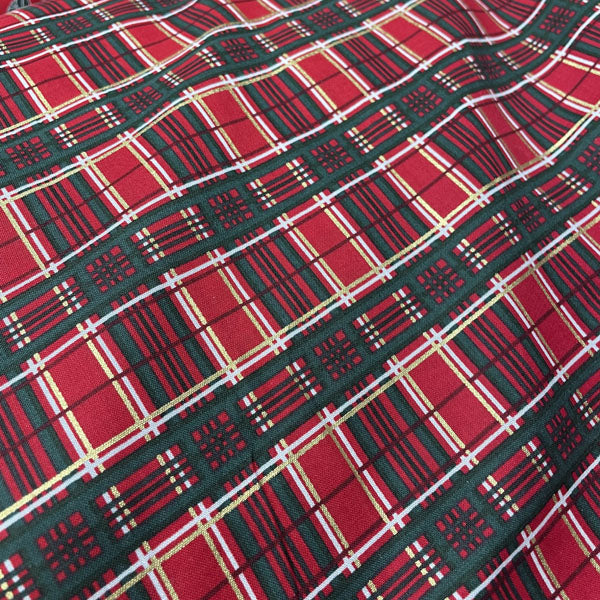 Deadstock Festive Metallic Red, Green & Gold Tartan Cotton Fabric