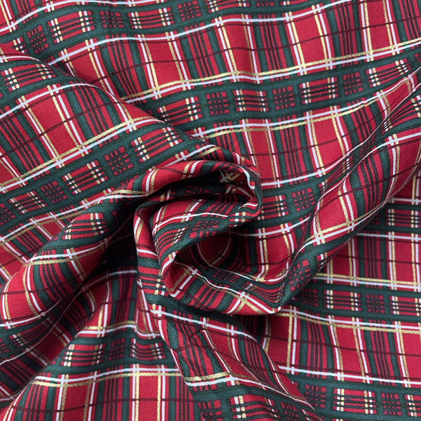 Deadstock Festive Metallic Red, Green & Gold Tartan Cotton Fabric