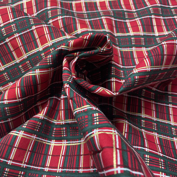Deadstock Festive Metallic Red, Green & Gold Tartan Cotton Fabric