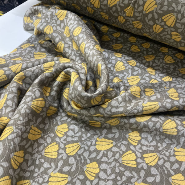 Deadstock Yellow & Khaki Floral Alpine Fleece Backed Sweatshirting Fabric