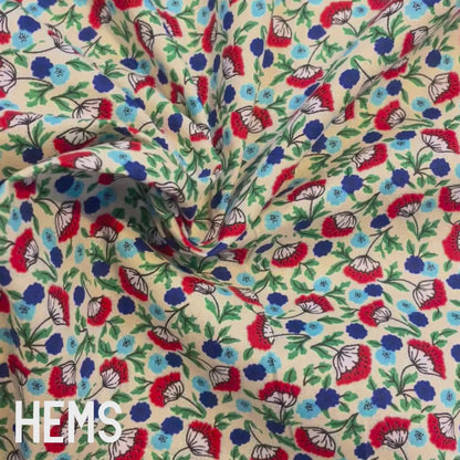 Cream, Red & Blue Floral Cotton Poplin Deadstock Fabric